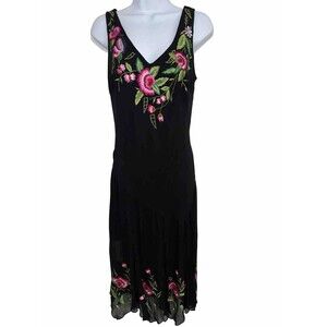 Sue Wong Black Silk Floral Embroidered Beaded Midi Dress Whimsigoth Size 10